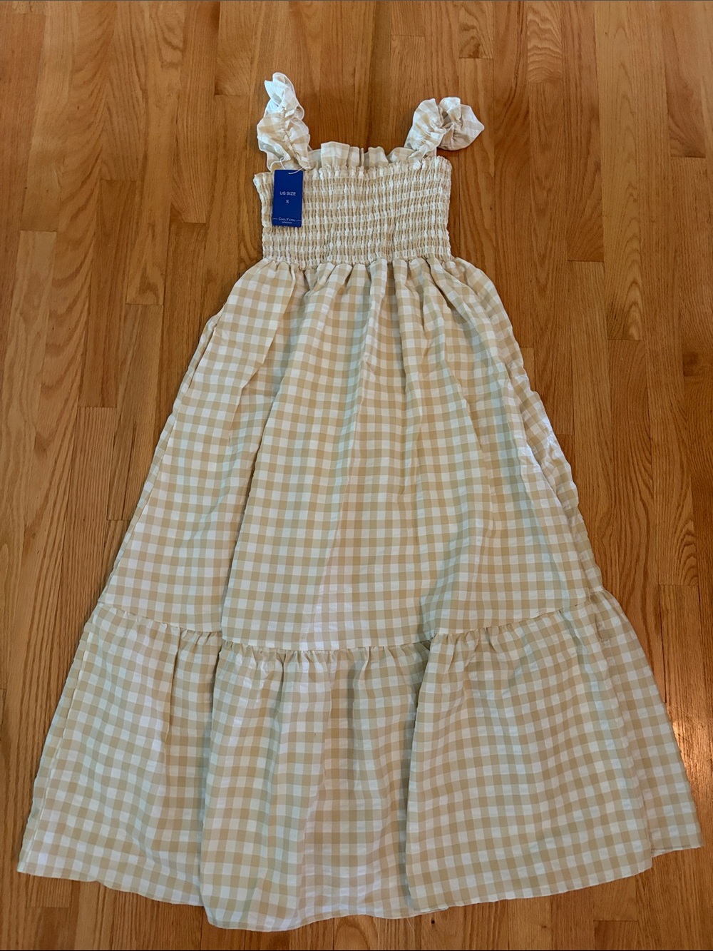 Smocked Gingham Maxi Dress in Beige and White